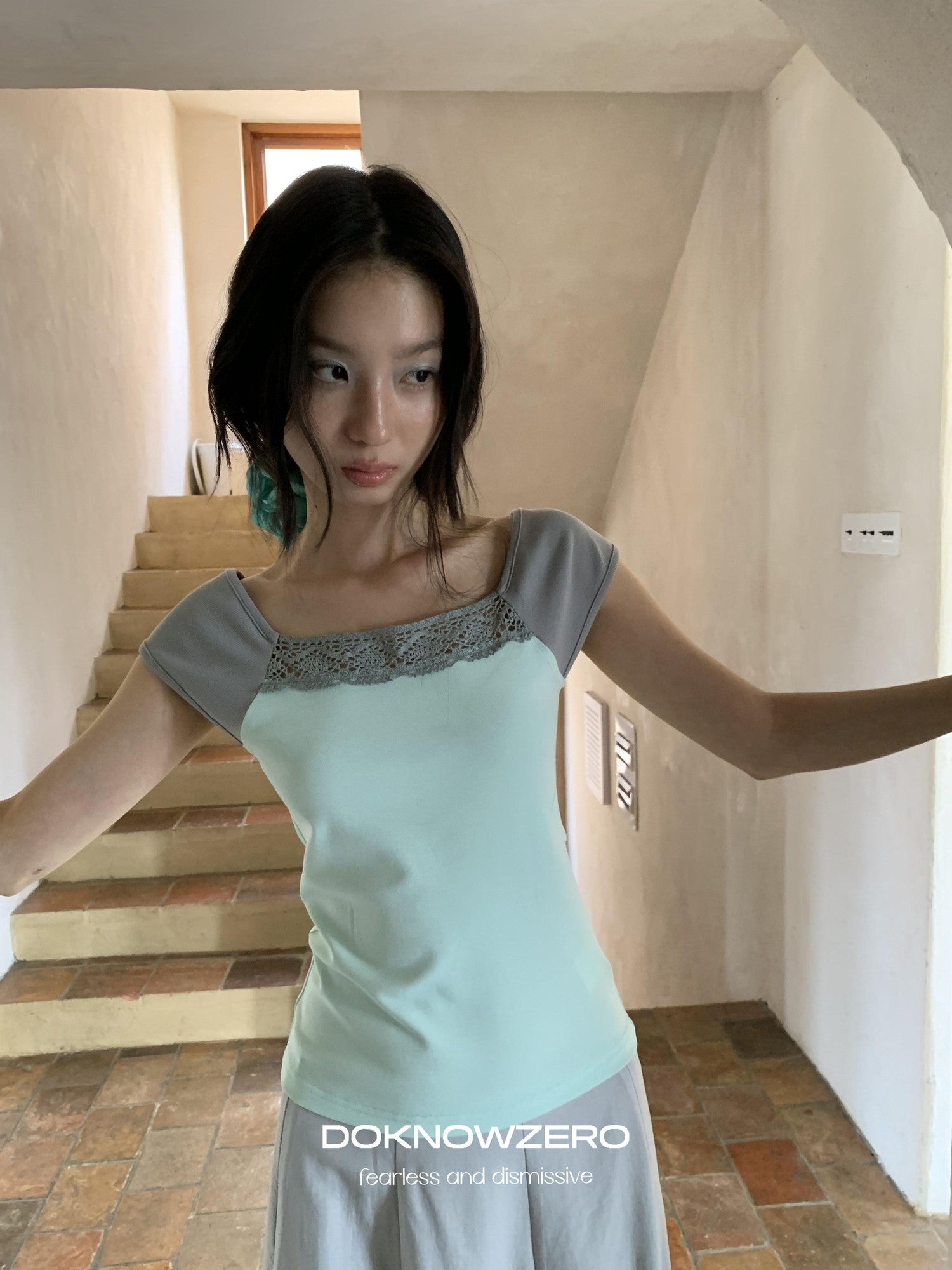DKZ OFFICIAL Green Lace Spliced Bateau Neck Women&