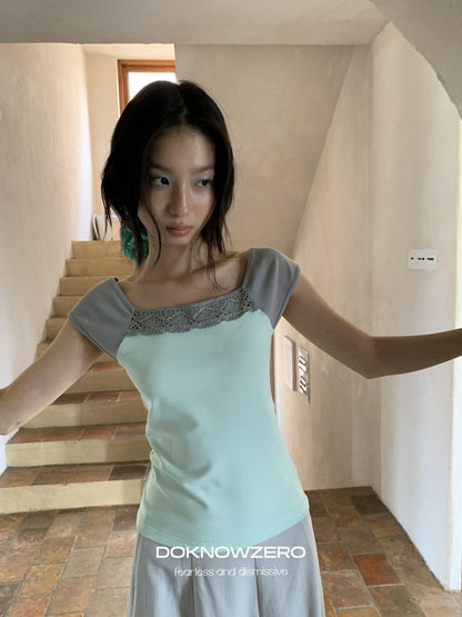 DKZ OFFICIAL Green Lace Spliced Bateau Neck Women&