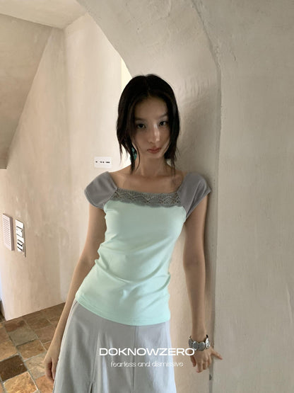 DKZ OFFICIAL Green Lace Spliced Bateau Neck Women&