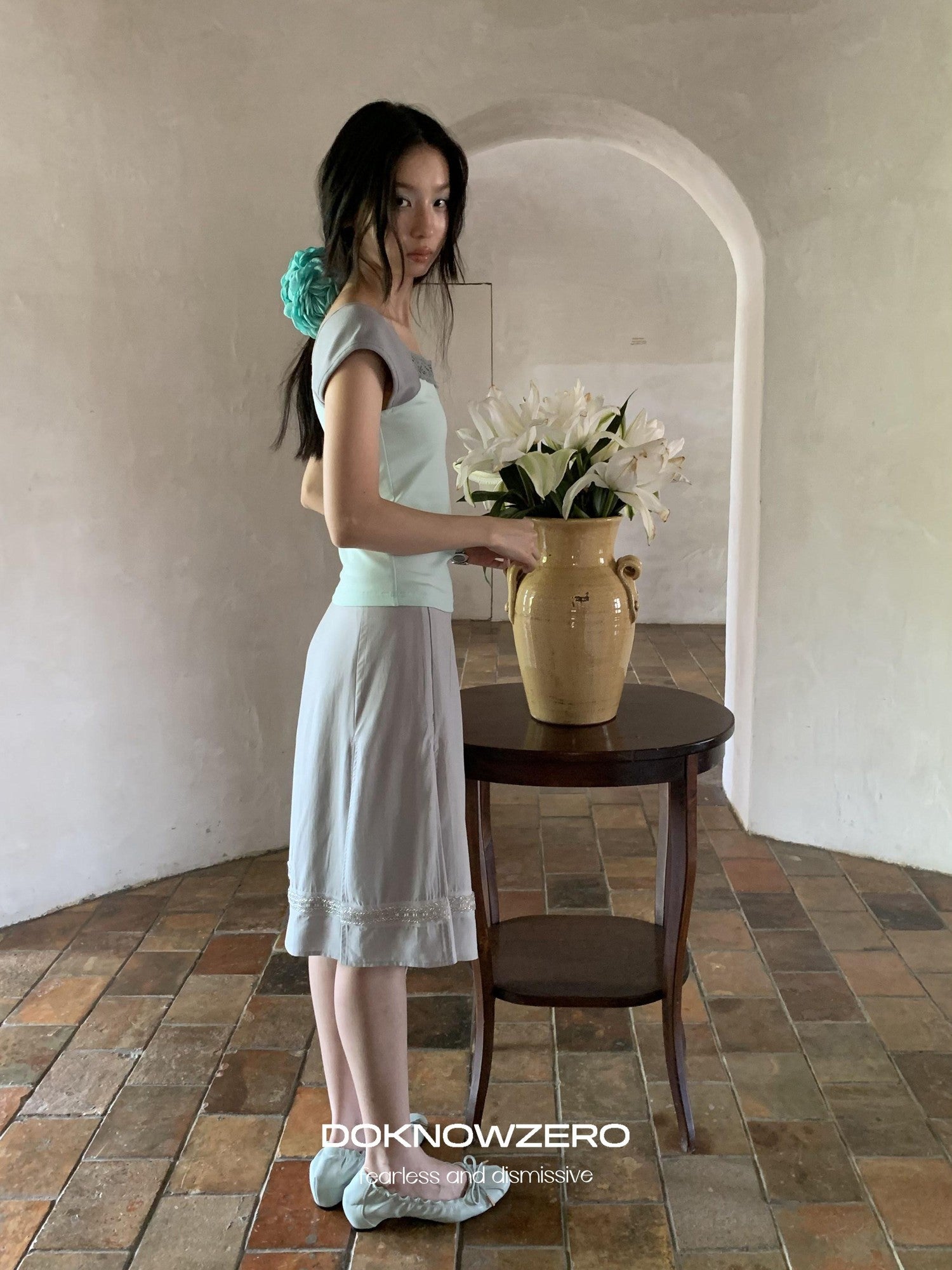 DKZ OFFICIAL Green Lace Spliced Bateau Neck Women&