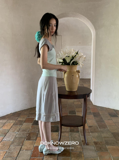 DKZ OFFICIAL Green Lace Spliced Bateau Neck Women&