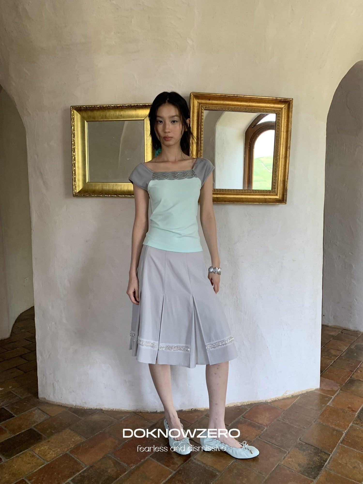 DKZ OFFICIAL Green Lace Spliced Bateau Neck Women&