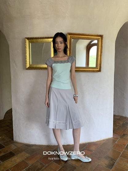 DKZ OFFICIAL Green Lace Spliced Bateau Neck Women&