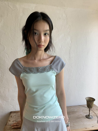 DKZ OFFICIAL Green Lace Spliced Bateau Neck Women&