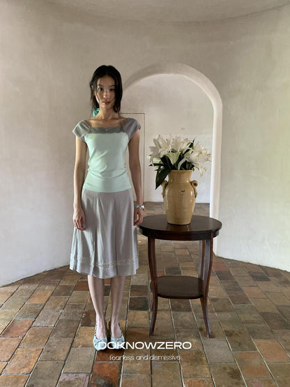 DKZ OFFICIAL Green Lace Spliced Bateau Neck Women&