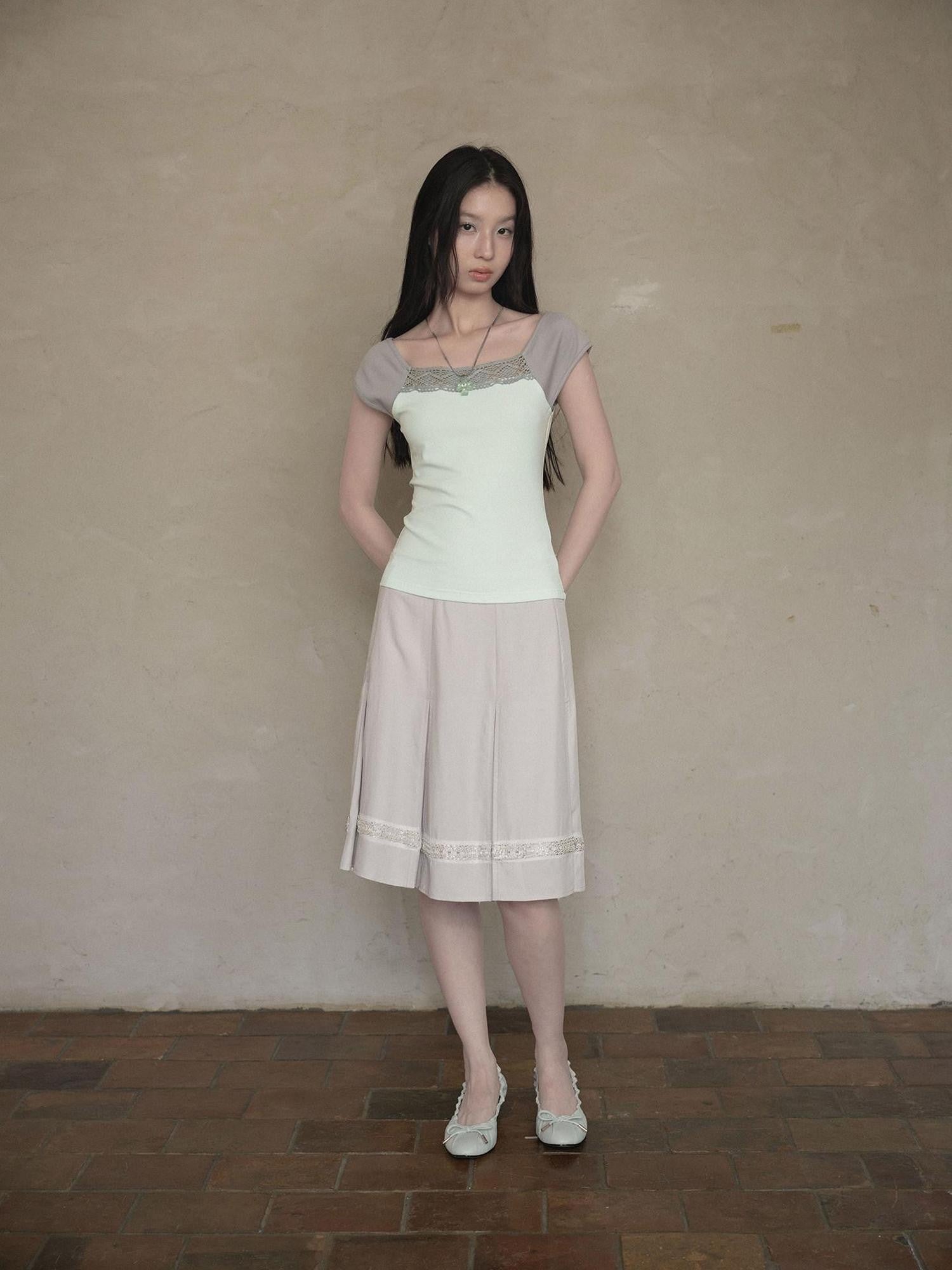 DKZ OFFICIAL Green Lace Spliced Bateau Neck Women&