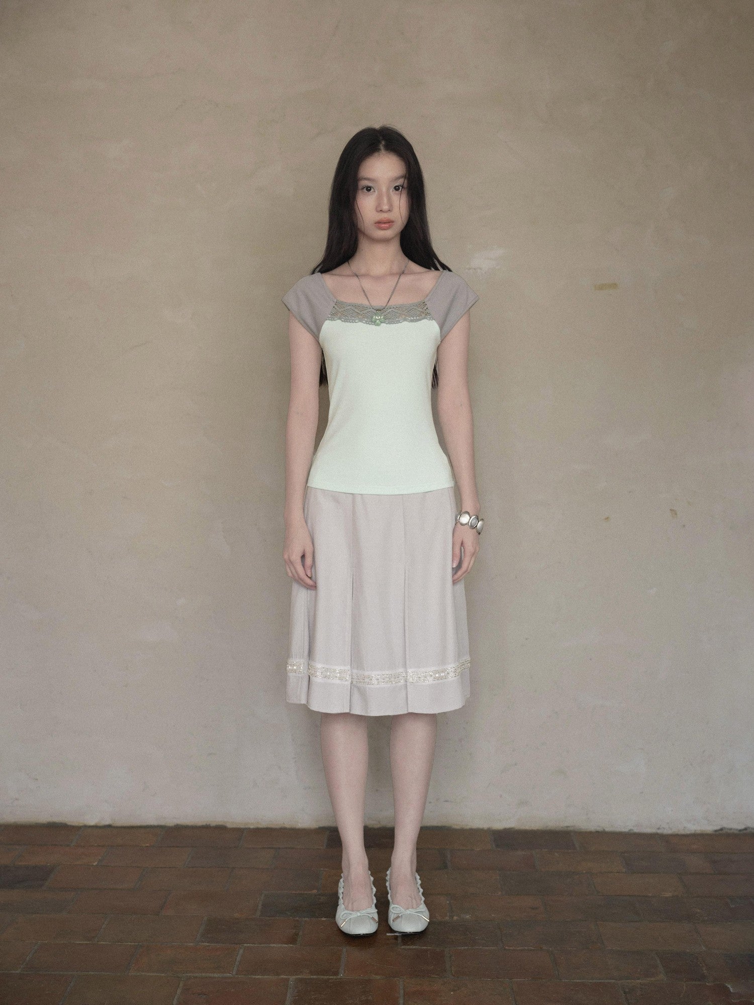 DKZ OFFICIAL Green Lace Spliced Bateau Neck Women&