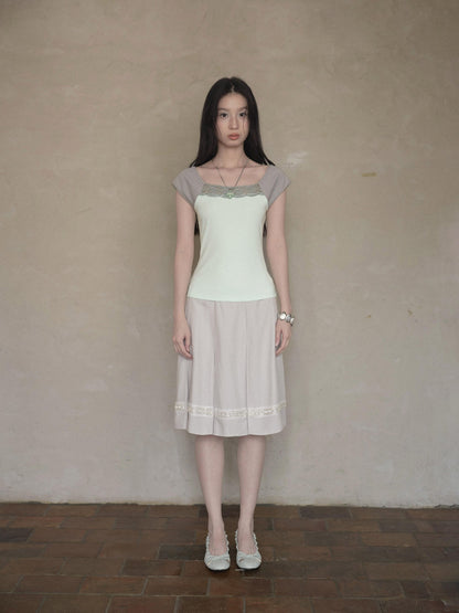 DKZ OFFICIAL Green Lace Spliced Bateau Neck Women&
