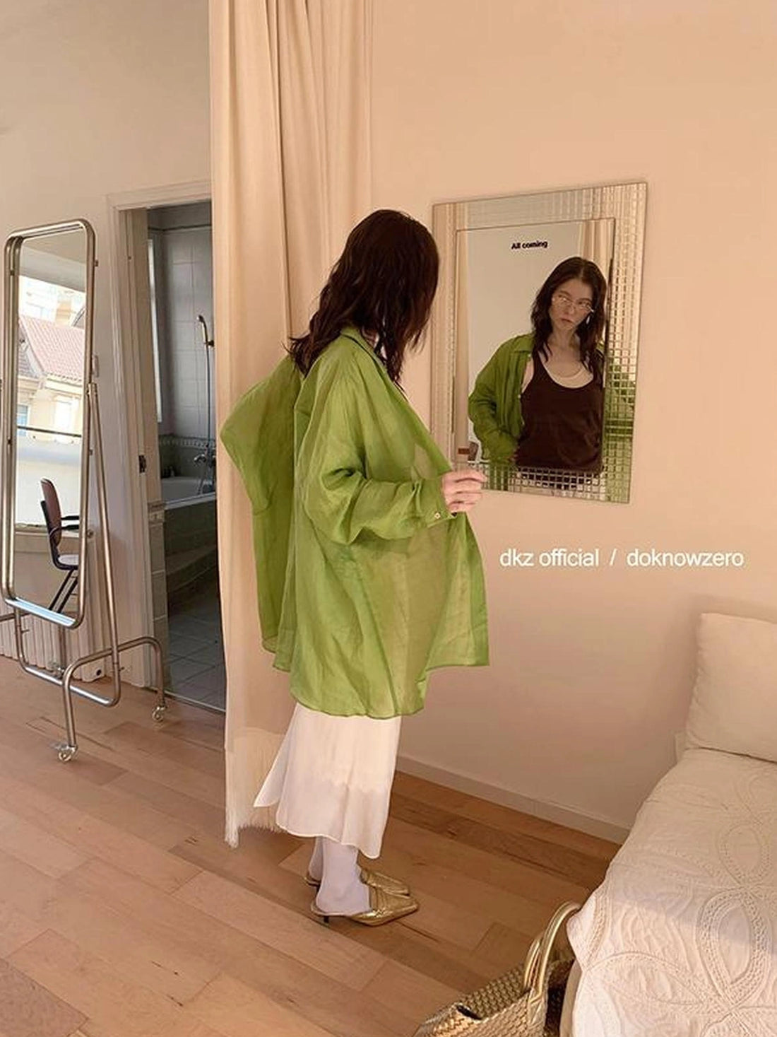 DKZ OFFICIAL Green Ramie Linen Shirt For Women Spring Lightweight Long-Sleeve Loose Fit Cover-Up