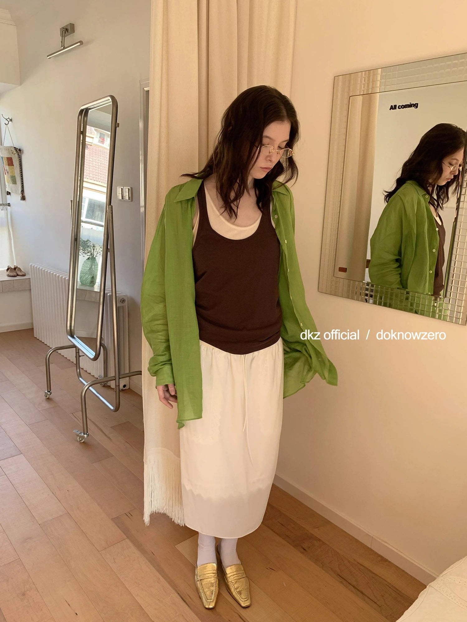 DKZ OFFICIAL Green Ramie Linen Shirt For Women Spring Lightweight Long-Sleeve Loose Fit Cover-Up