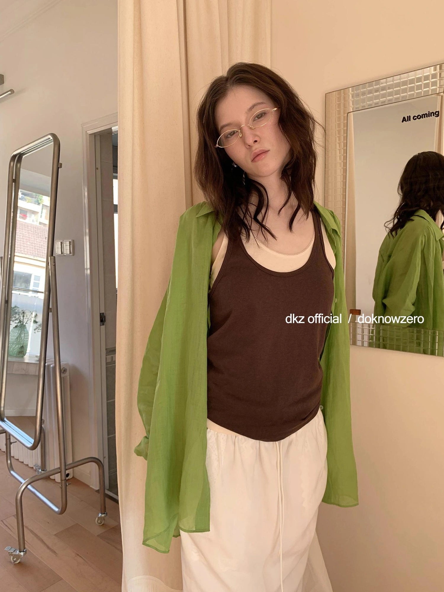 DKZ OFFICIAL Green Ramie Linen Shirt For Women Spring Lightweight Long-Sleeve Loose Fit Cover-Up