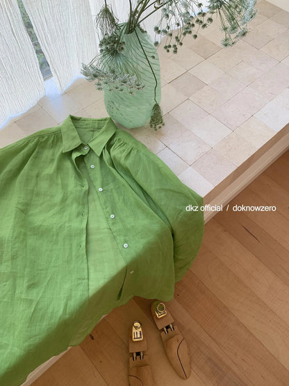 DKZ OFFICIAL Green Ramie Linen Shirt For Women Spring Lightweight Long-Sleeve Loose Fit Cover-Up