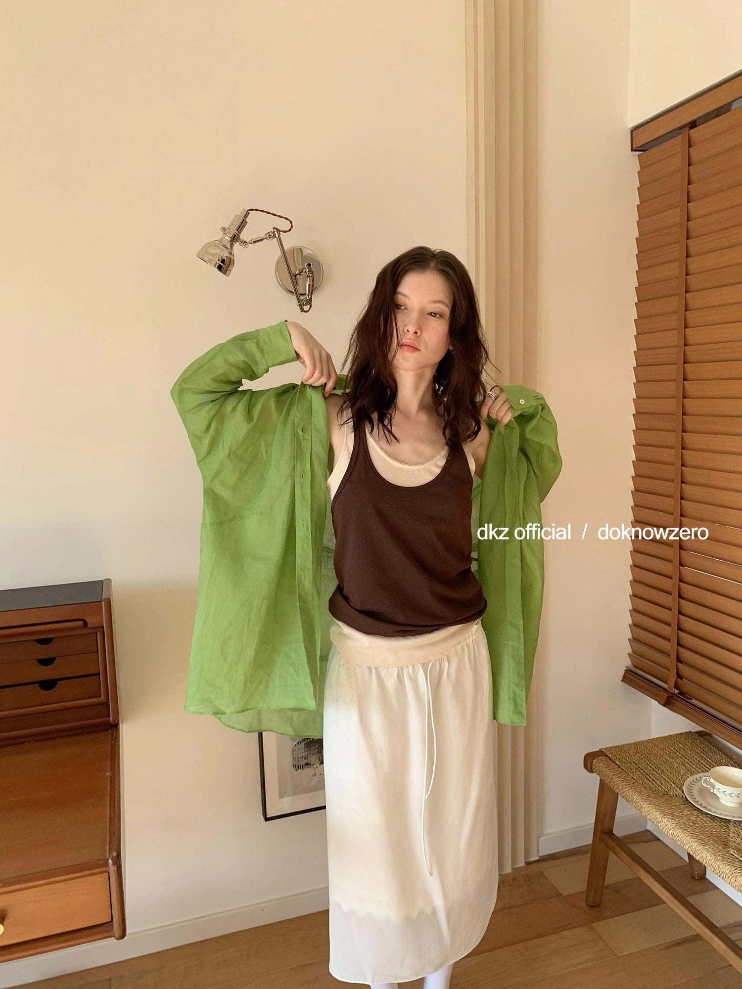 DKZ OFFICIAL Green Ramie Linen Shirt For Women Spring Lightweight Long-Sleeve Loose Fit Cover-Up
