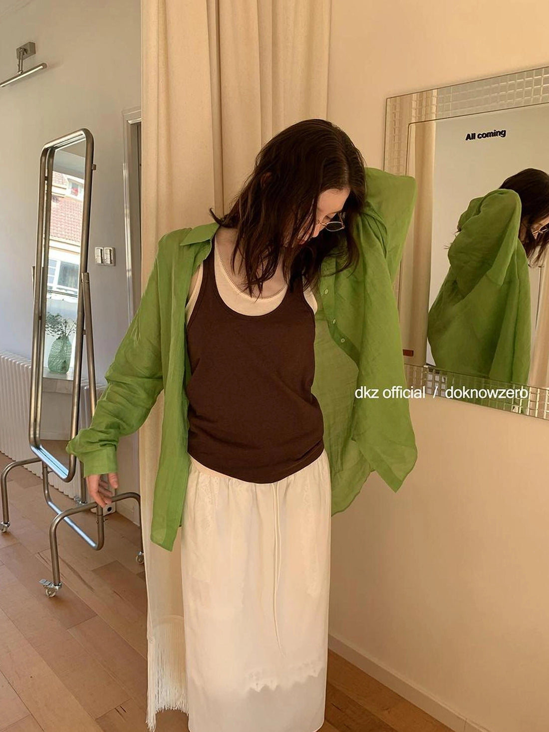 DKZ OFFICIAL Green Ramie Linen Shirt For Women Spring Lightweight Long-Sleeve Loose Fit Cover-Up