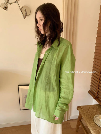 DKZ OFFICIAL Green Ramie Linen Shirt For Women Spring Lightweight Long-Sleeve Loose Fit Cover-Up