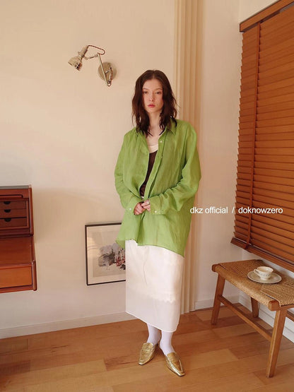 DKZ OFFICIAL Green Ramie Linen Shirt For Women Spring Lightweight Long-Sleeve Loose Fit Cover-Up