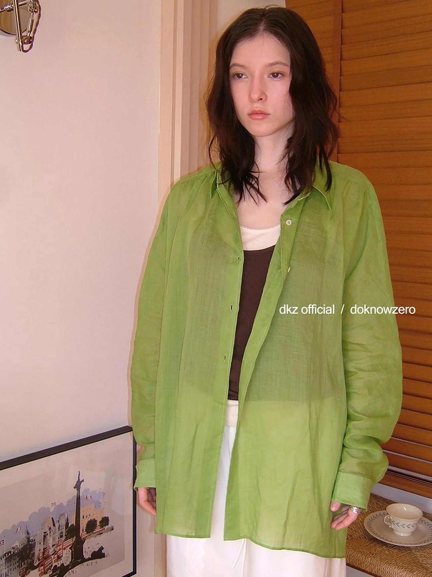 DKZ OFFICIAL Green Ramie Linen Shirt For Women Spring Lightweight Long-Sleeve Loose Fit Cover-Up