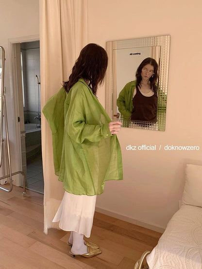 DKZ OFFICIAL Green Ramie Linen Shirt For Women Spring Lightweight Long-Sleeve Loose Fit Cover-Up
