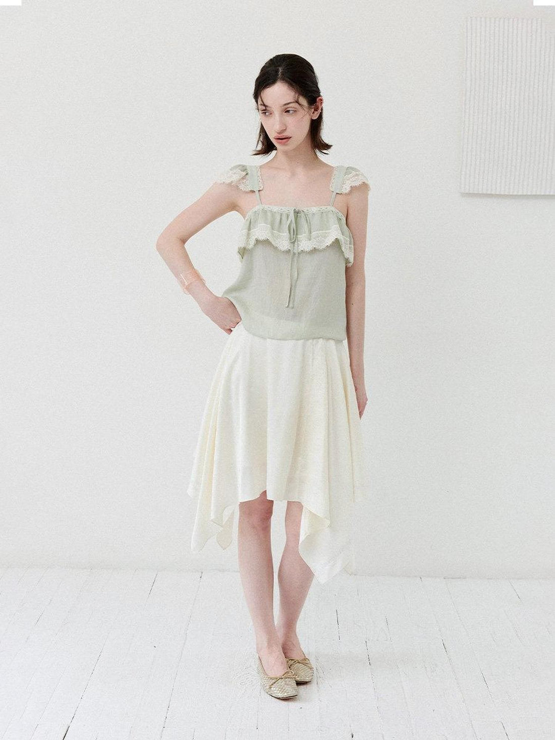 DKZ OFFICIAL Green Ruffle Sleeve Lace Splice Women&