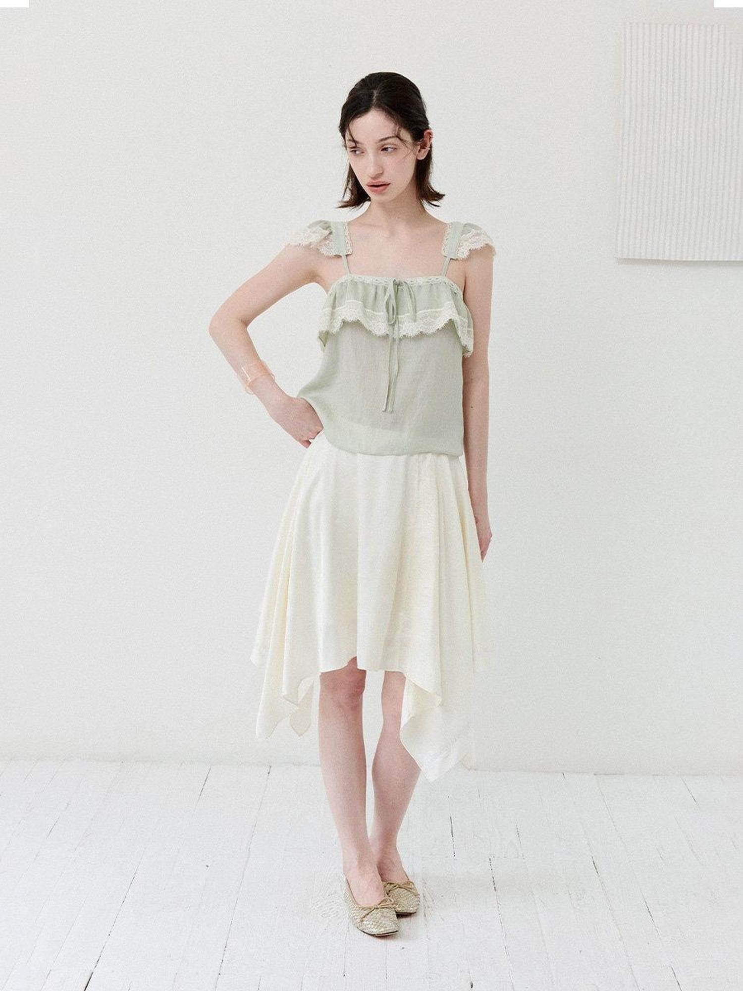 DKZ OFFICIAL Green Ruffle Sleeve Lace Splice Women&
