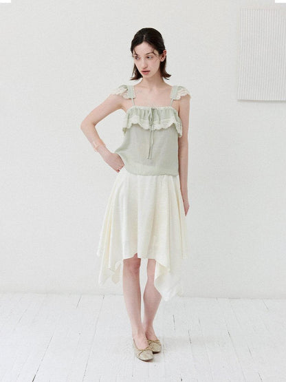 DKZ OFFICIAL Green Ruffle Sleeve Lace Splice Women&