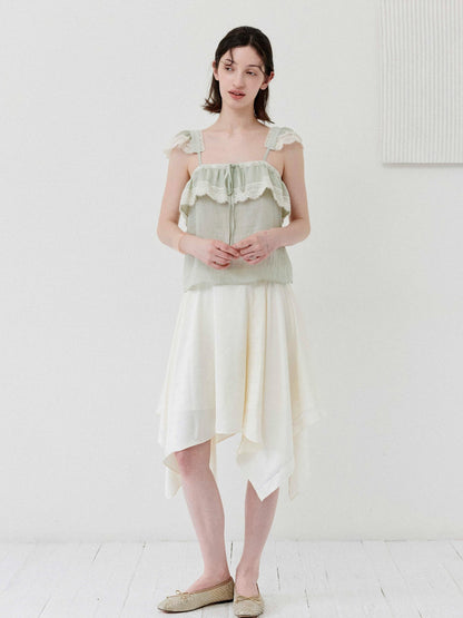 DKZ OFFICIAL Green Ruffle Sleeve Lace Splice Women&