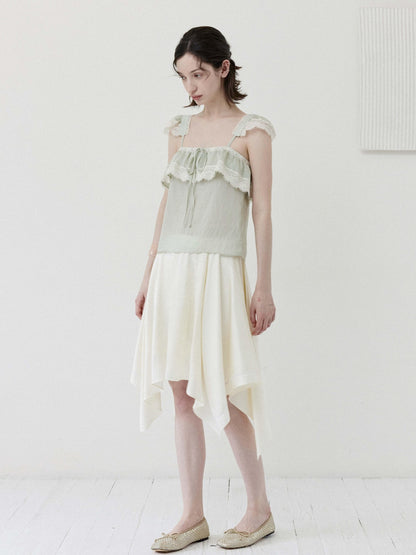 DKZ OFFICIAL Green Ruffle Sleeve Lace Splice Women&
