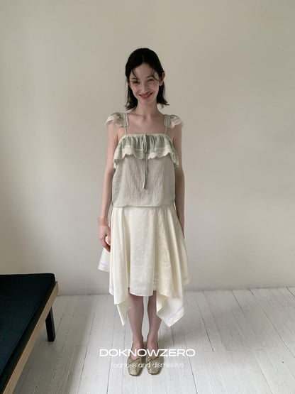 DKZ OFFICIAL Green Ruffle Sleeve Lace Splice Women&