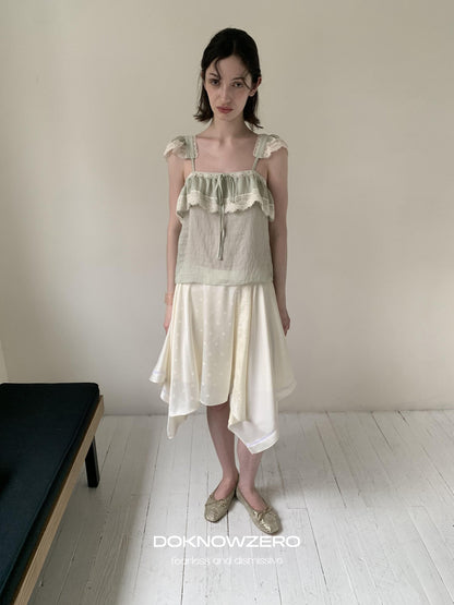 DKZ OFFICIAL Green Ruffle Sleeve Lace Splice Women&