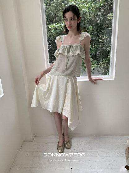 DKZ OFFICIAL Green Ruffle Sleeve Lace Splice Women&