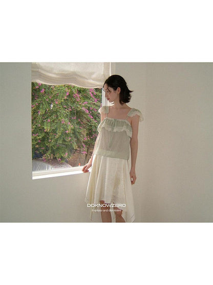 DKZ OFFICIAL Green Ruffle Sleeve Lace Splice Women&