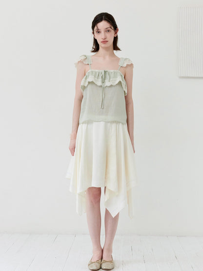 DKZ OFFICIAL Green Ruffle Sleeve Lace Splice Women&