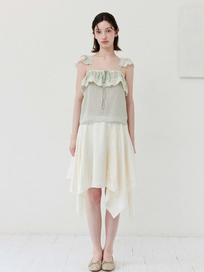 DKZ OFFICIAL Green Ruffle Sleeve Lace Splice Women&