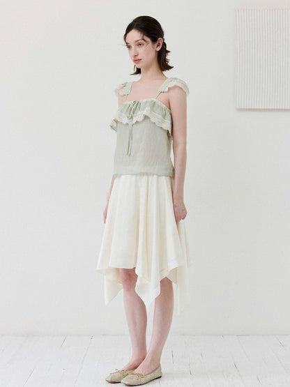 DKZ OFFICIAL Green Ruffle Sleeve Lace Splice Women&