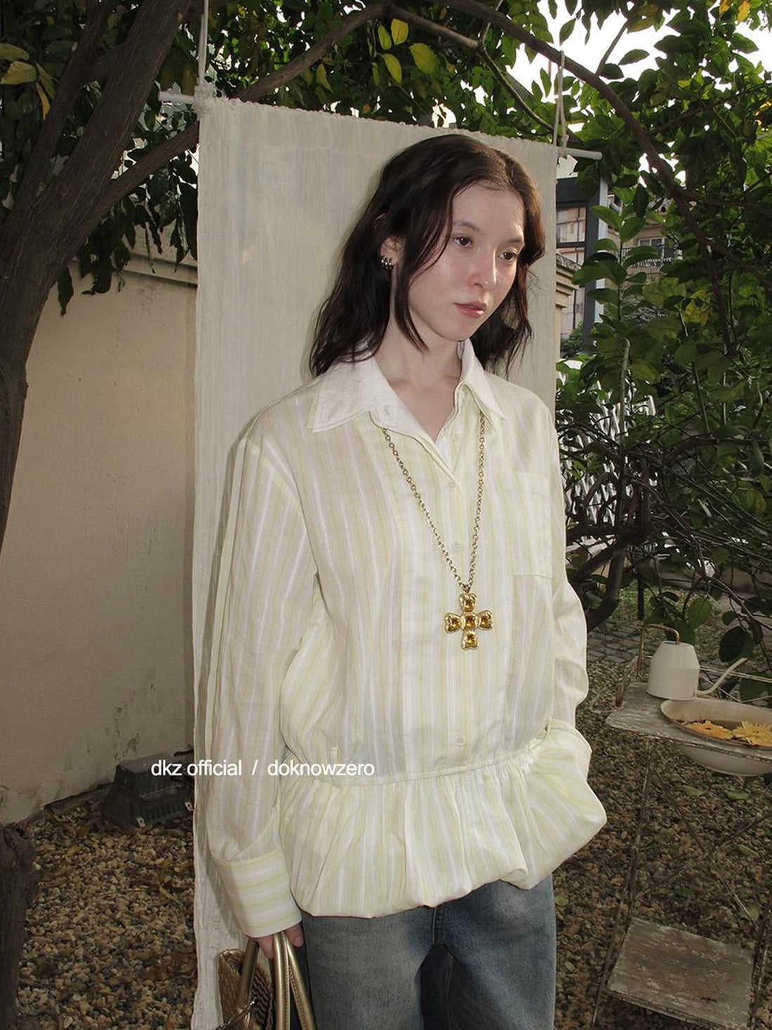 DKZ OFFICIAL Green Vertical Stripe Double Collar Blouse With Bloom Hem