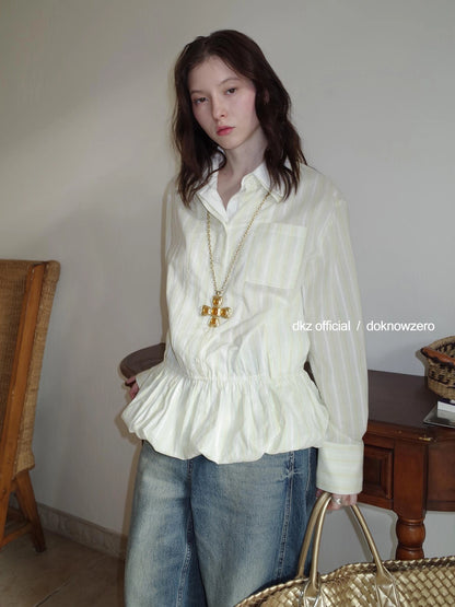 DKZ OFFICIAL Green Vertical Stripe Double Collar Blouse With Bloom Hem