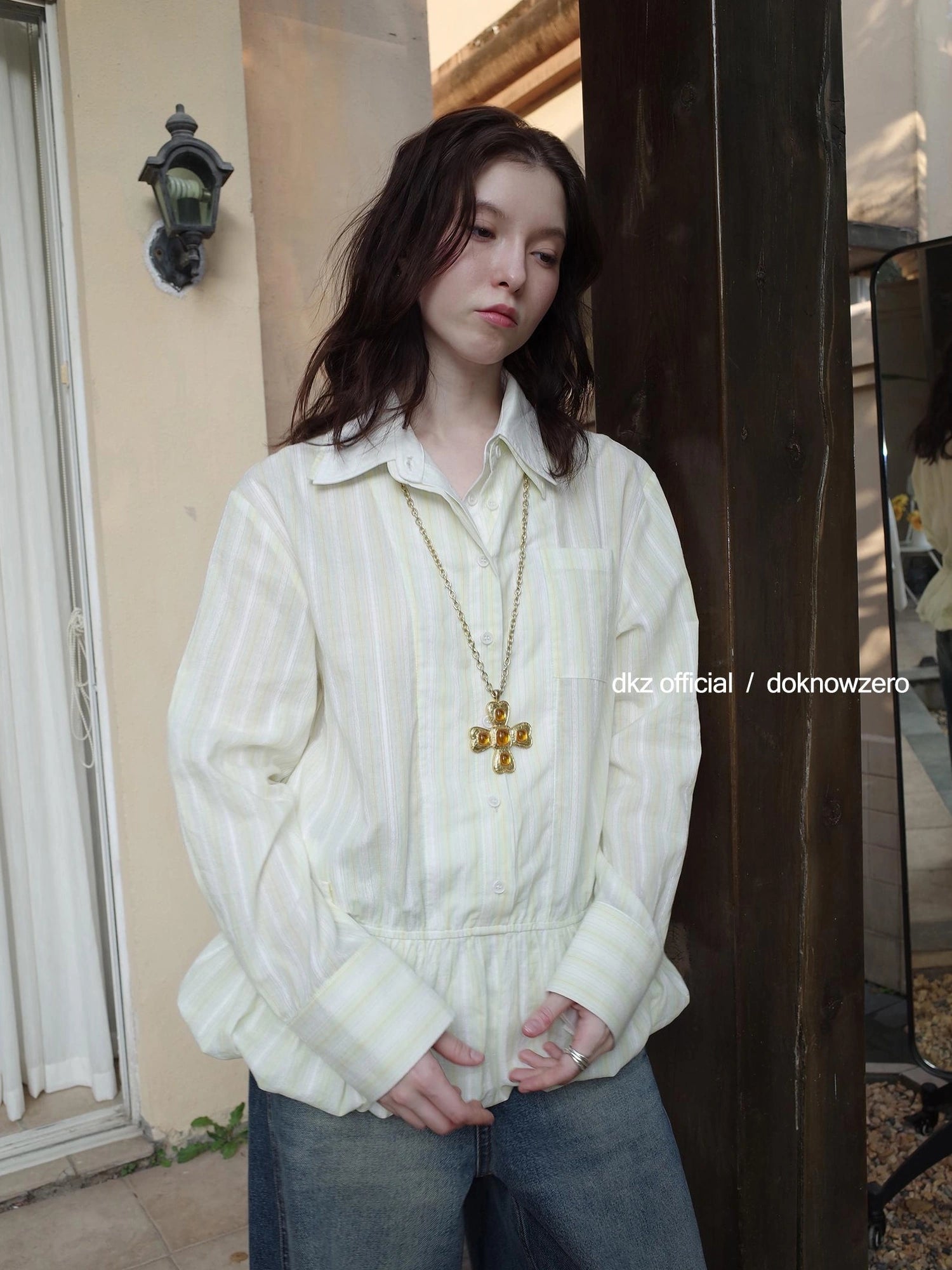 DKZ OFFICIAL Green Vertical Stripe Double Collar Blouse With Bloom Hem