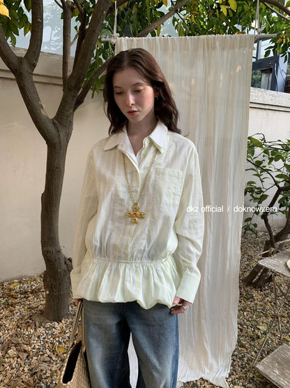 DKZ OFFICIAL Green Vertical Stripe Double Collar Blouse With Bloom Hem