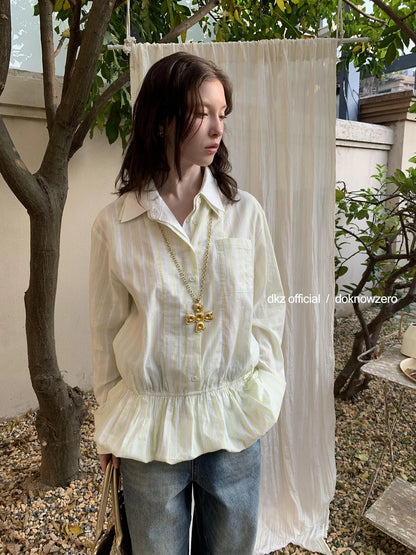 DKZ OFFICIAL Green Vertical Stripe Double Collar Blouse With Bloom Hem