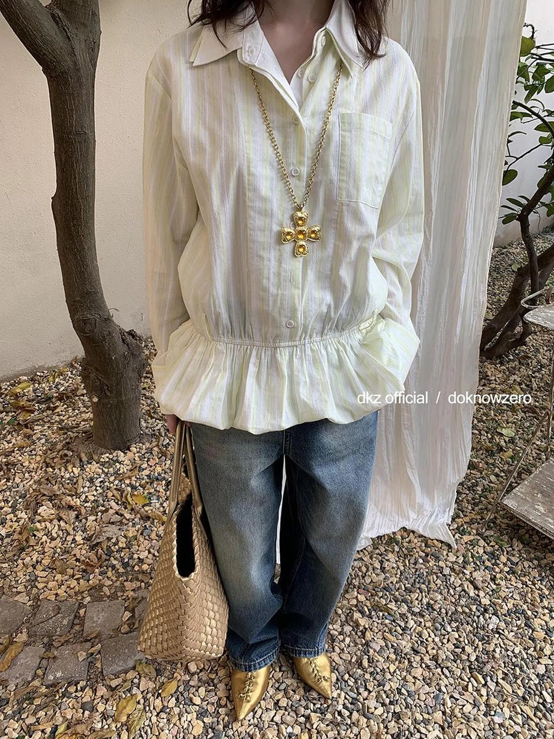DKZ OFFICIAL Green Vertical Stripe Double Collar Blouse With Bloom Hem