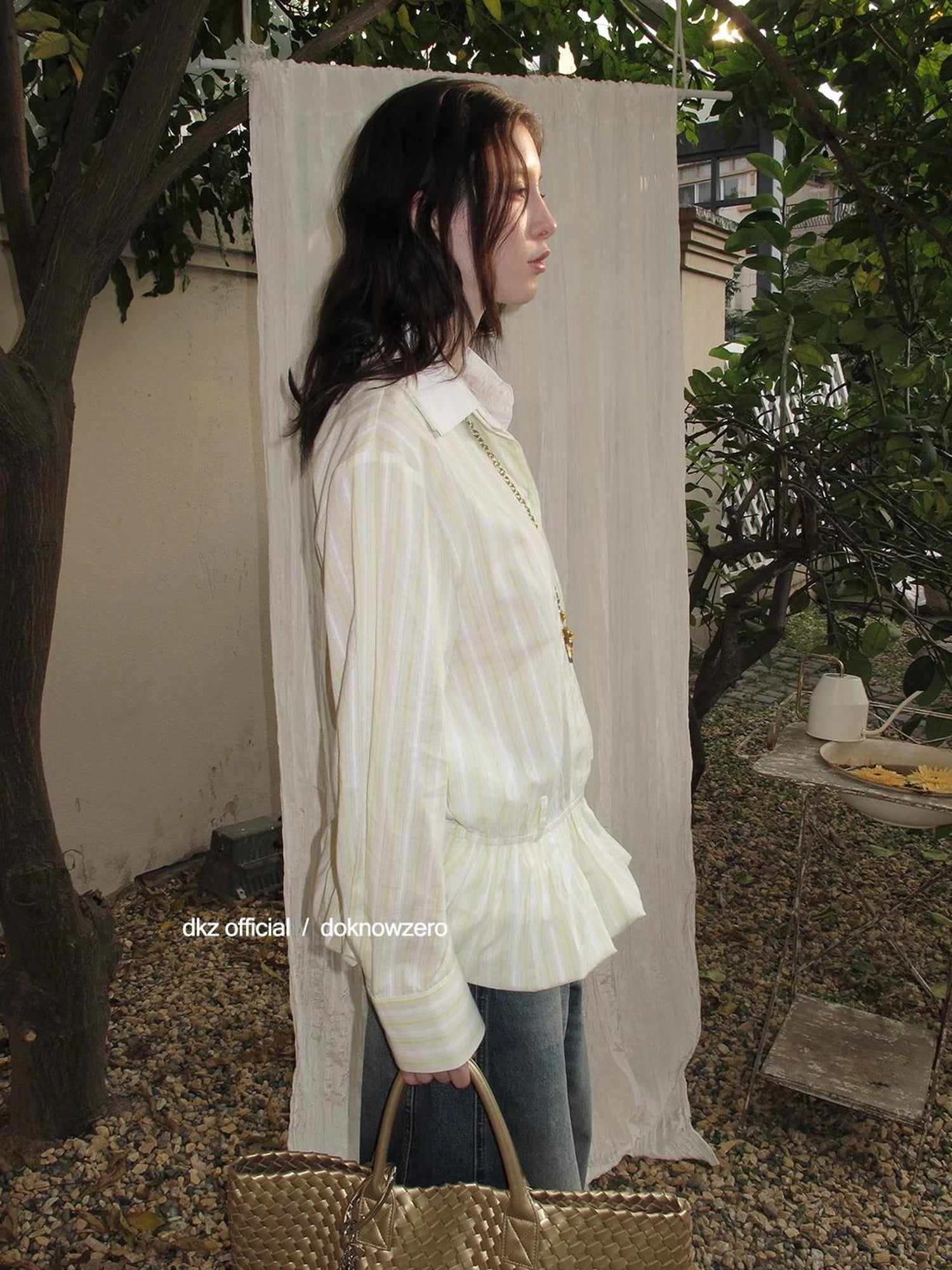 DKZ OFFICIAL Green Vertical Stripe Double Collar Blouse With Bloom Hem