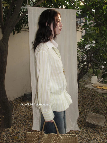 DKZ OFFICIAL Green Vertical Stripe Double Collar Blouse With Bloom Hem