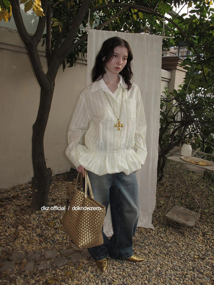 DKZ OFFICIAL Green Vertical Stripe Double Collar Blouse With Bloom Hem