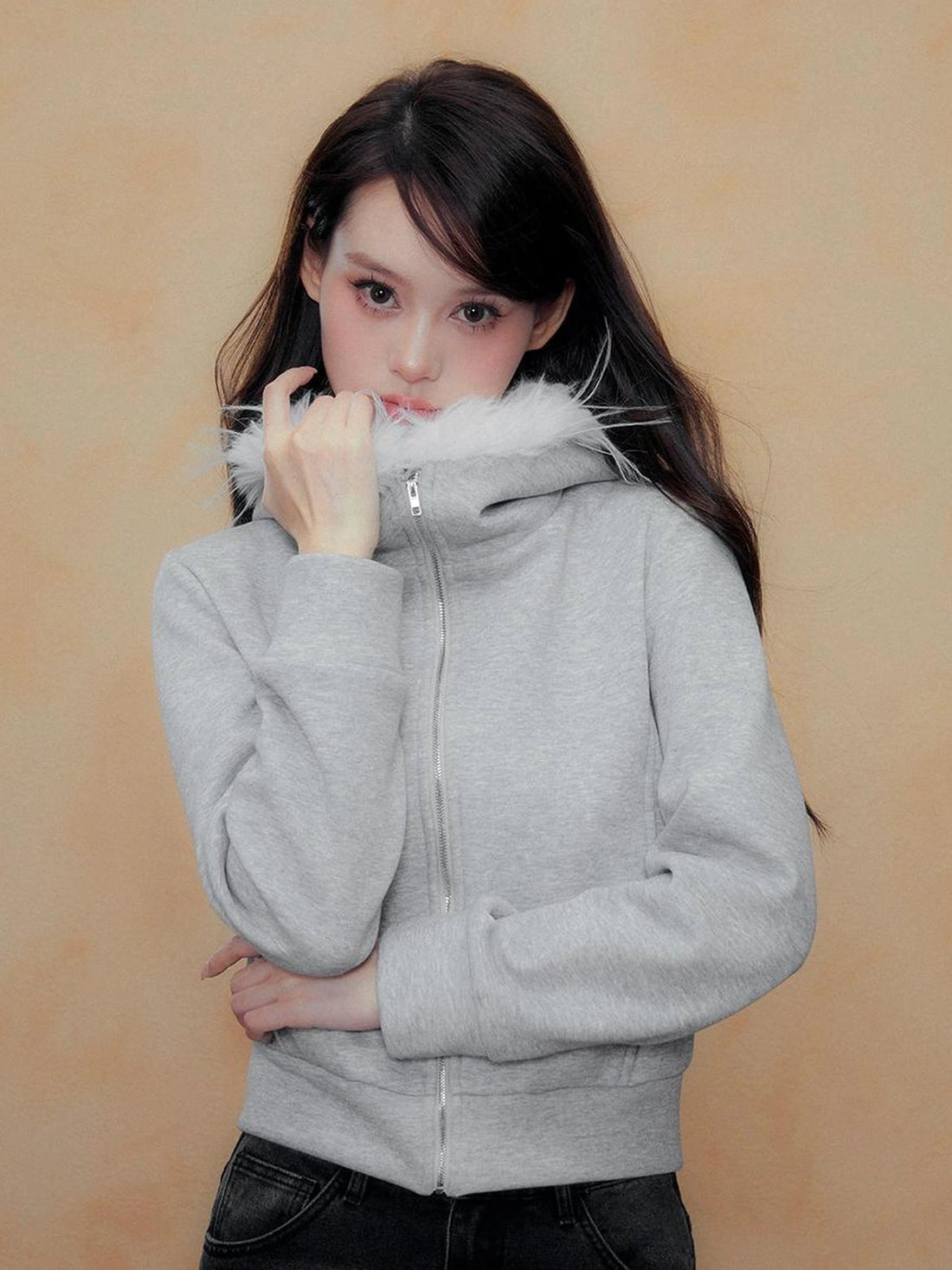DKZ OFFICIAL Grey Fleece Hooded Jacket With Fur Trim