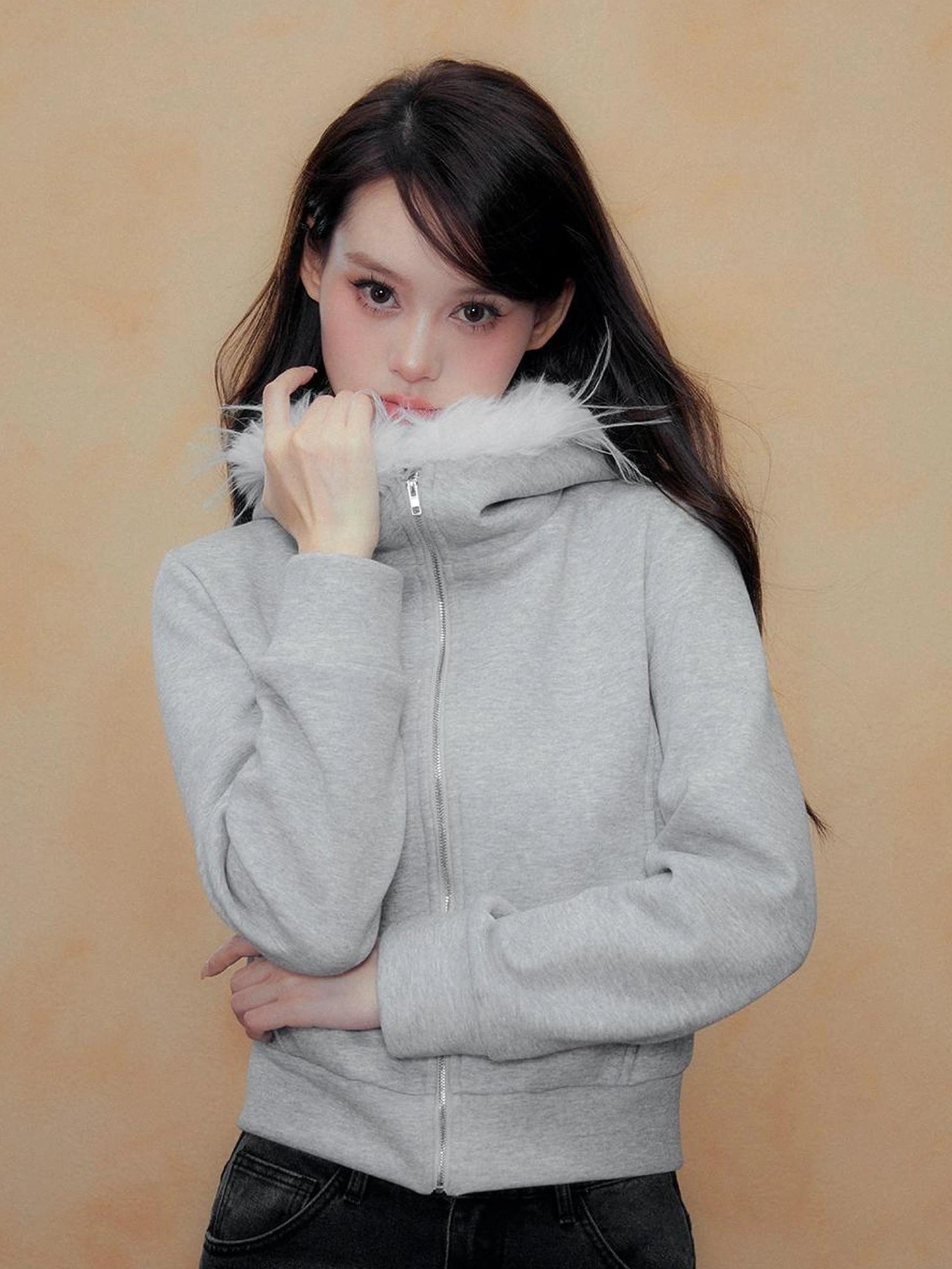 DKZ OFFICIAL Grey Fleece Hooded Jacket With Fur Trim