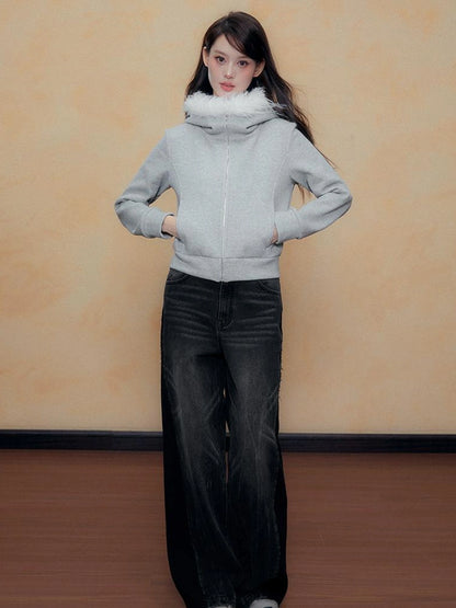 DKZ OFFICIAL Grey Fleece Hooded Jacket With Fur Trim