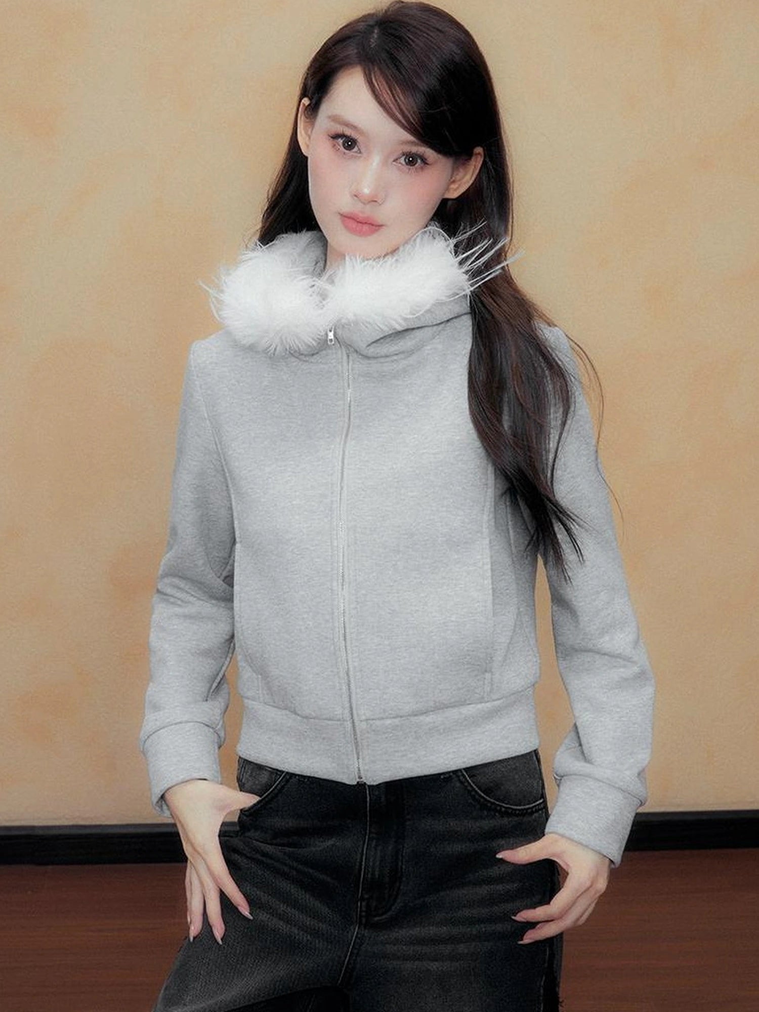 DKZ OFFICIAL Grey Fleece Hooded Jacket With Fur Trim