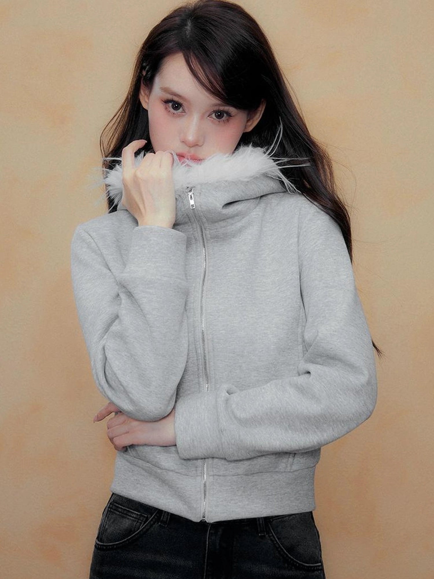 DKZ OFFICIAL Grey Fleece Hooded Jacket With Fur Trim