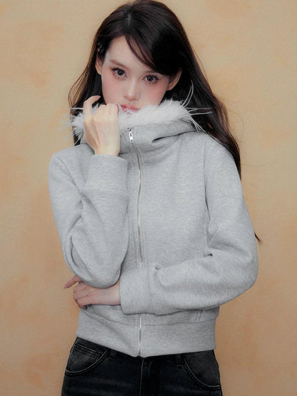 DKZ OFFICIAL Grey Fleece Hooded Jacket With Fur Trim