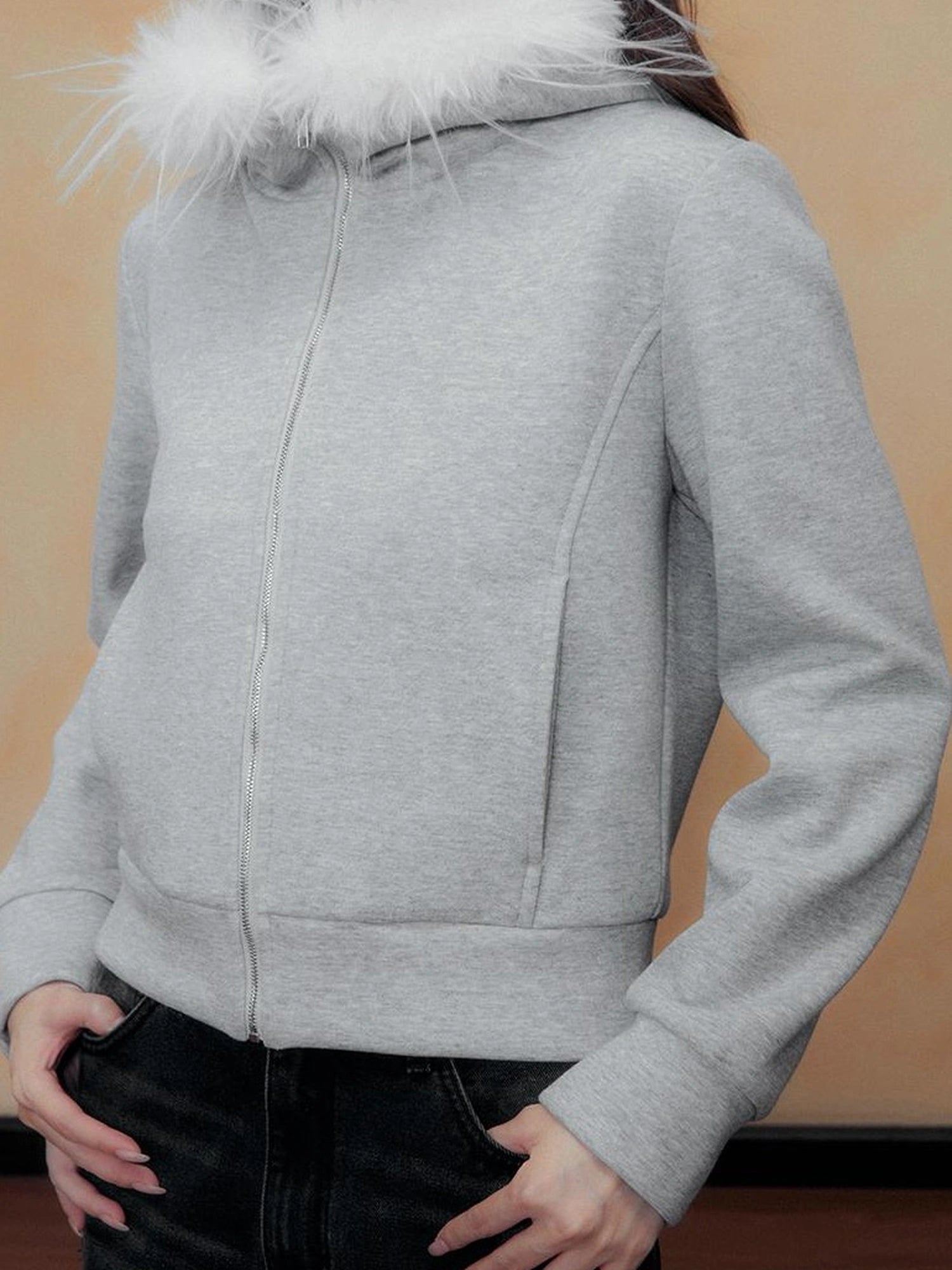 DKZ OFFICIAL Grey Fleece Hooded Jacket With Fur Trim